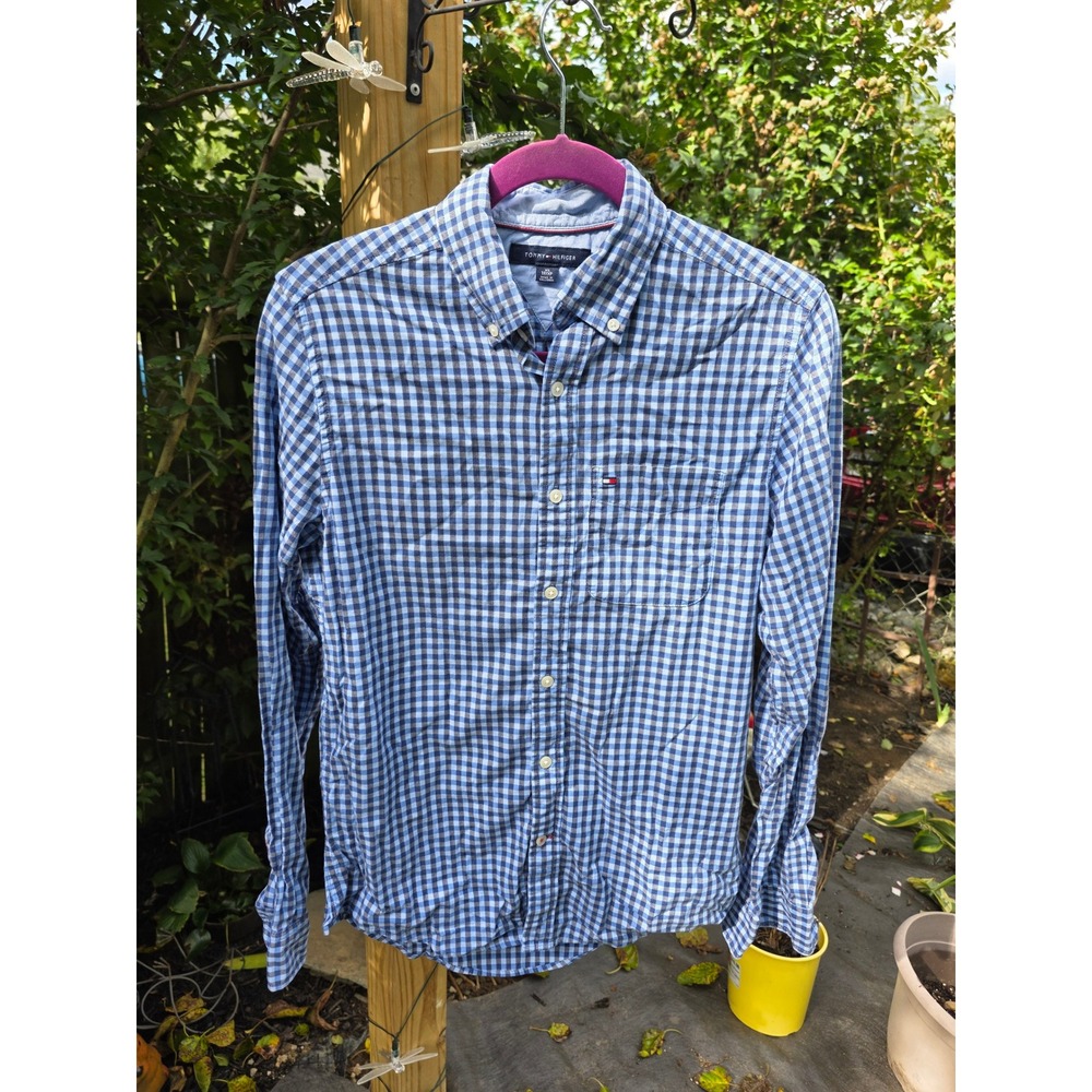 Tommy Hilfiger Mens Blue Gingham Stretch Button Down Shirt XS Long Sleeve